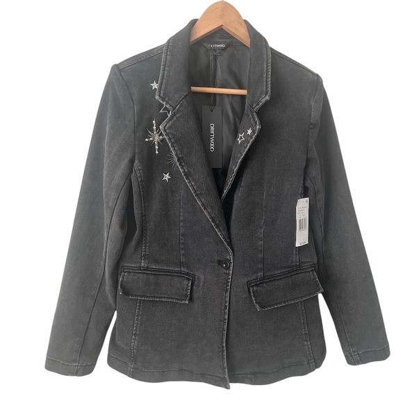 DRIFTWOOD Washed Black Celestial Embroidered Denim Jacket Pockets XS Reg. $218 - Picture 2 of 13